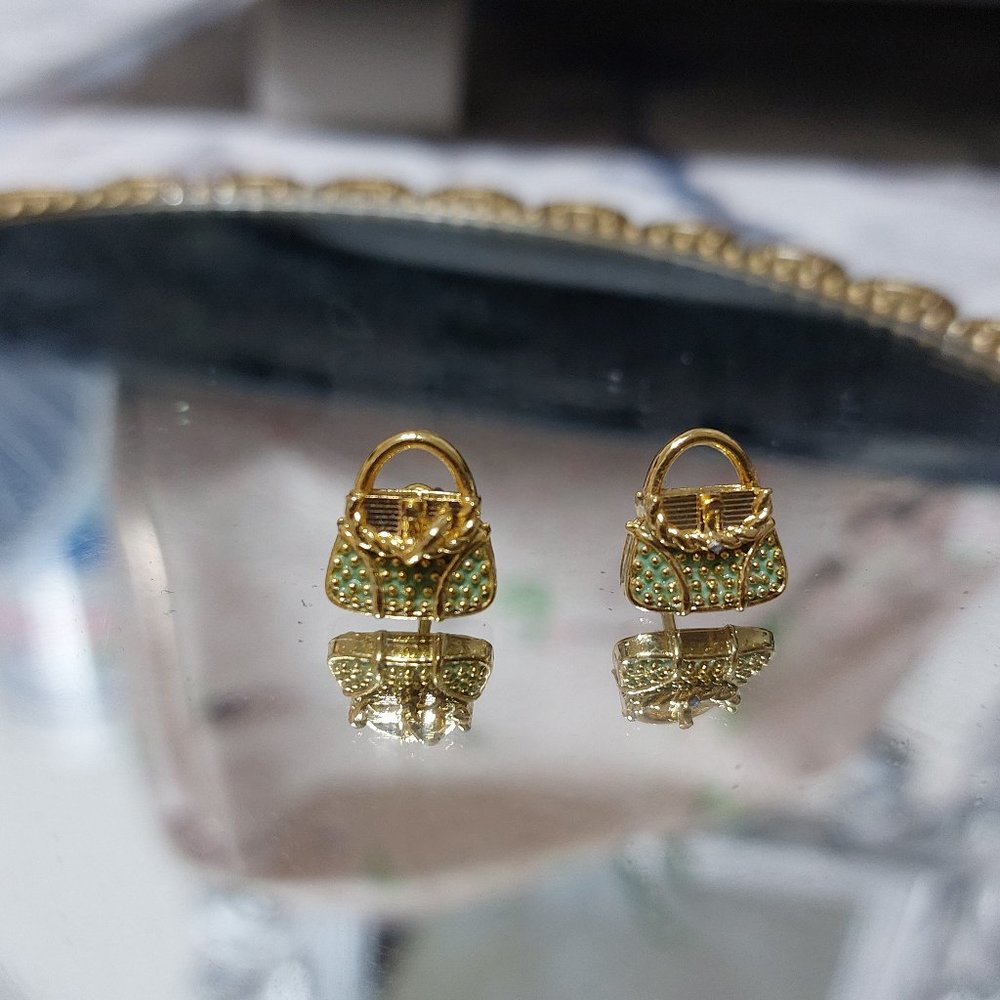 Gold Tone Green Super Cute Mini Suitcase Handbag Stud Earring